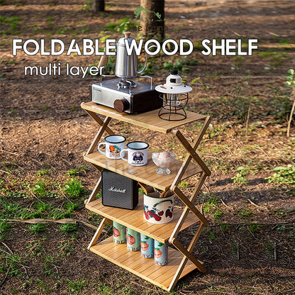 Outdoor Camping Multilayer Foldable Wood Shelf Portable Storage Rack Folding Multi 3 4 5 Layers Layer Bag with Hook