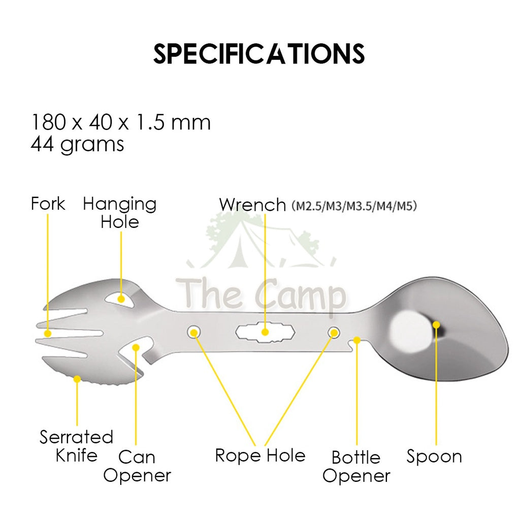 All In 1 Fork and Spoon Utensil Kit Camping Picnic Hiking Wrench Knife Extended Fork Can Bottle Opener BBQ Utensils