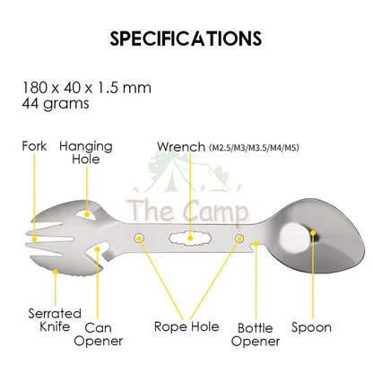 All In 1 Fork and Spoon Utensil Kit Camping Picnic Hiking Wrench Knife Extended Fork Can Bottle Opener BBQ Utensils