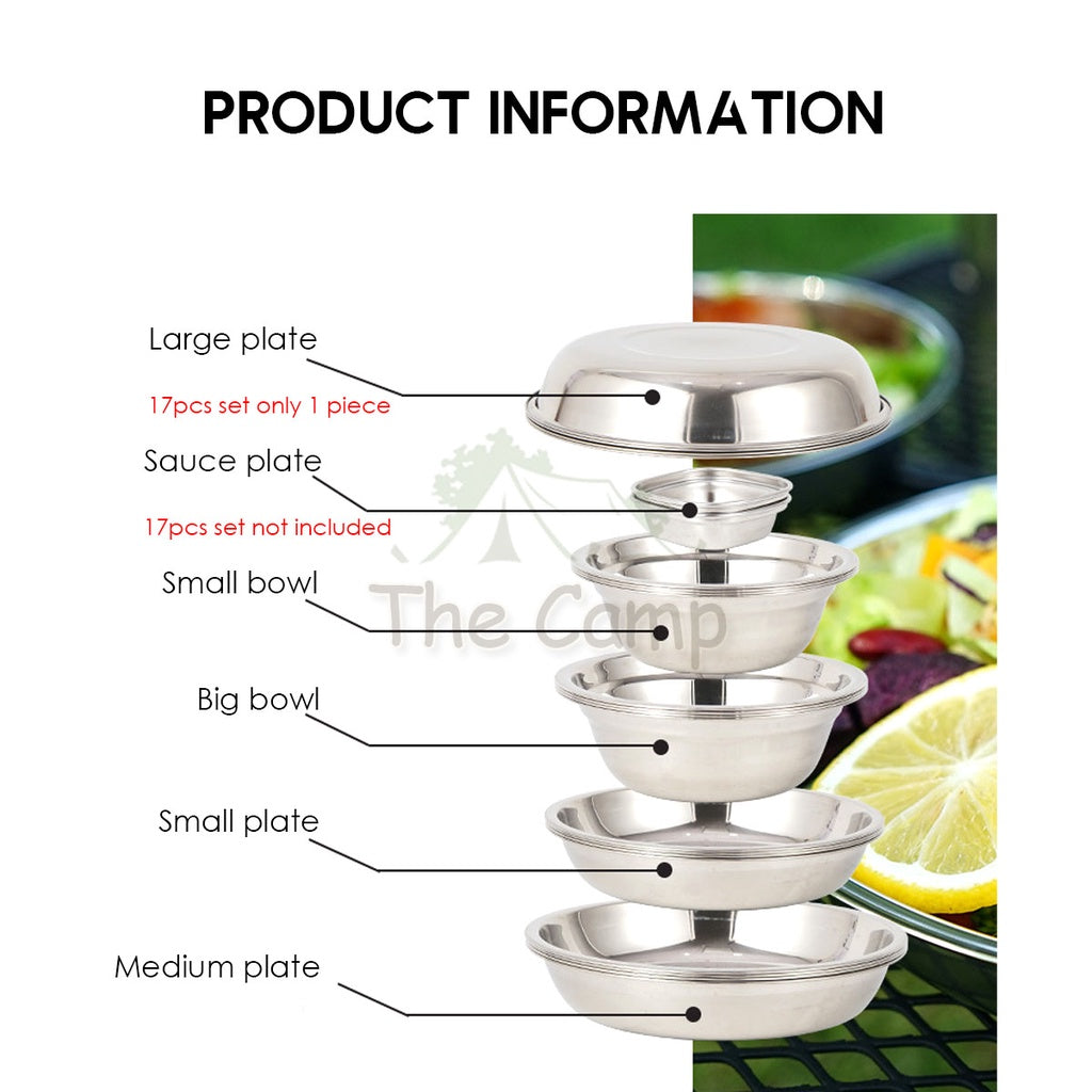 CLS 16 /17 / 22Pcs Stainless Steel Tableware Set Plate Bowl Camping Outdoor Portable Mess Kit Pinggan Mangkuk Tent Table