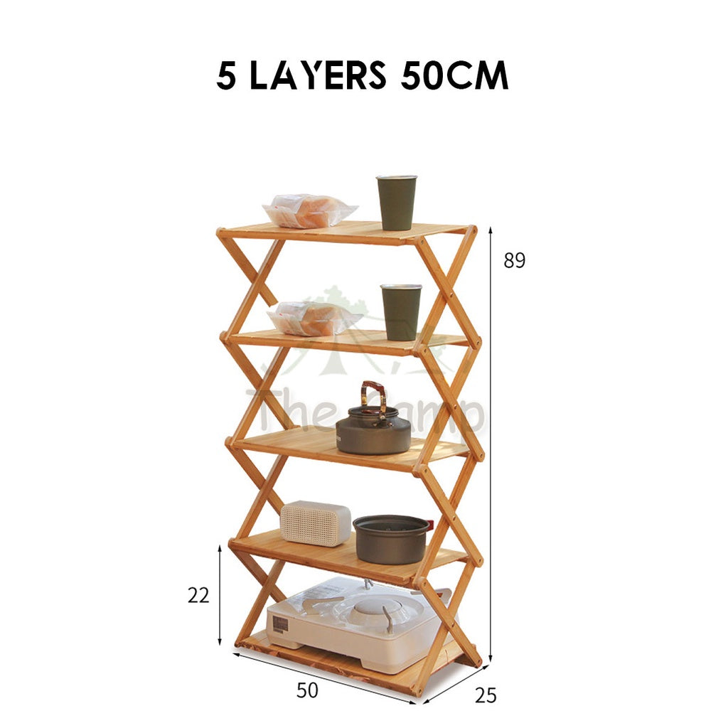 Outdoor Camping Multilayer Foldable Wood Shelf Portable Storage Rack Folding Multi 3 4 5 Layers Layer Bag with Hook
