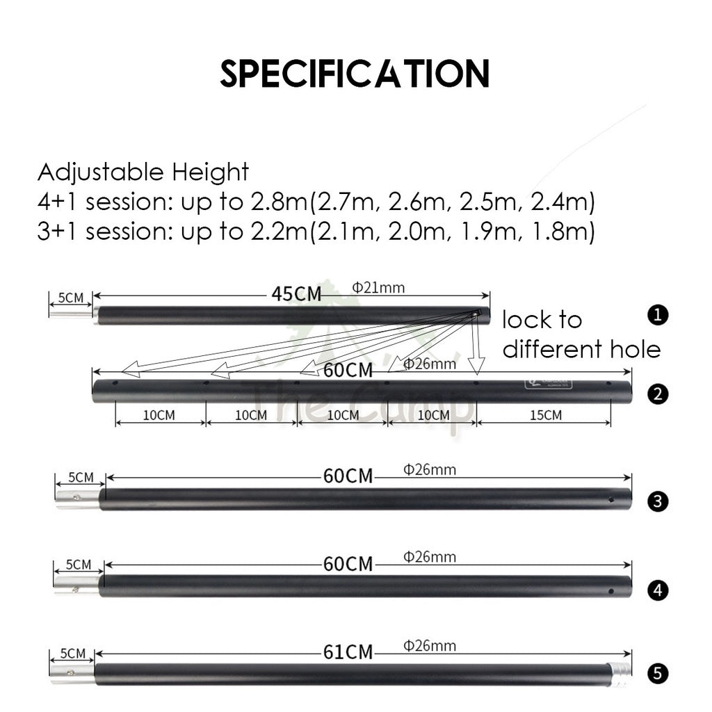 Camping Flysheet Tarp Adjustable Pole 26mm 2mm Heavy Duty Rod Tent Aluminium Long 2.8m Stand Awning Canvas Canopy Tiang