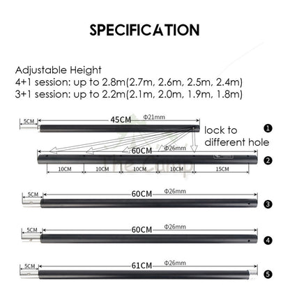 Camping Flysheet Tarp Adjustable Pole 26mm 2mm Heavy Duty Rod Tent Aluminium Long 2.8m Stand Awning Canvas Canopy Tiang