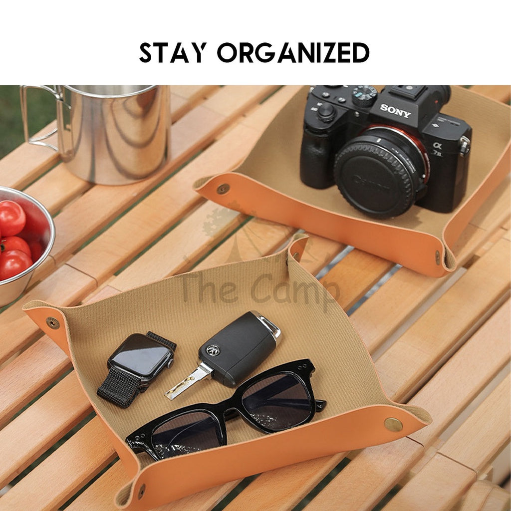 Outdoor Camping Table Tray Organizer PU Leather Material Hiking Fishing Side Bag Rack