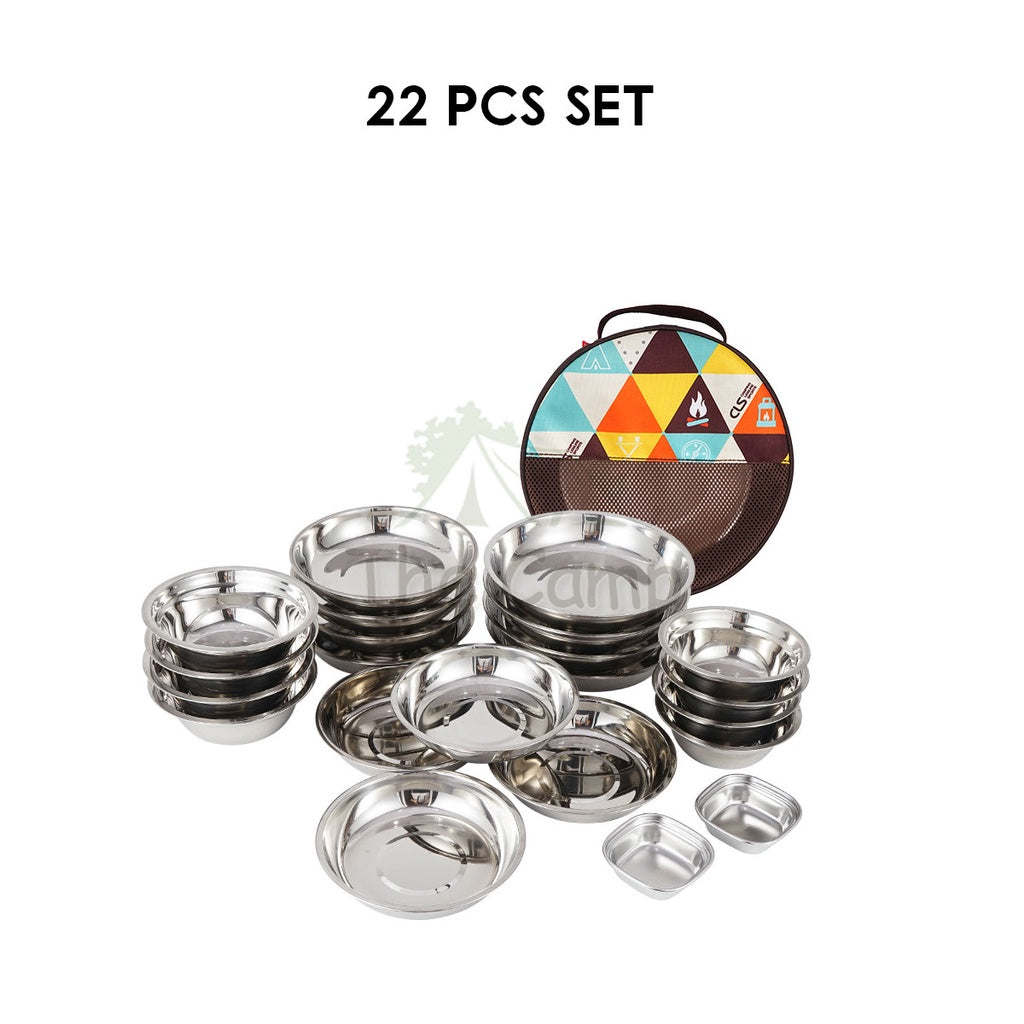 CLS 16 /17 / 22Pcs Stainless Steel Tableware Set Plate Bowl Camping Outdoor Portable Mess Kit Pinggan Mangkuk Tent Table