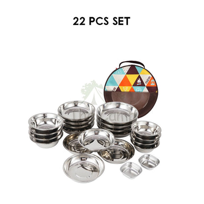 CLS 16 /17 / 22Pcs Stainless Steel Tableware Set Plate Bowl Camping Outdoor Portable Mess Kit Pinggan Mangkuk Tent Table
