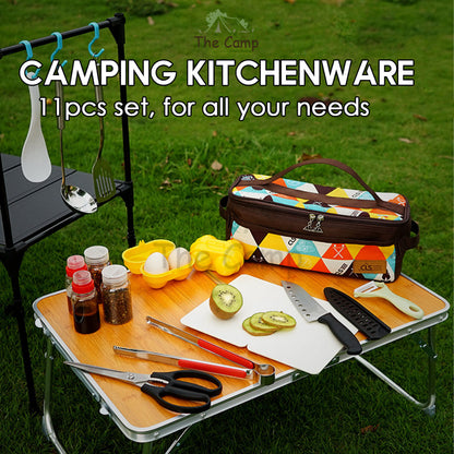CLS 11PCS Kitchenware Cooking Set for Outdoor Camping Condiment Kitchen Tool Cookware Egg Case Knife Chopping Board