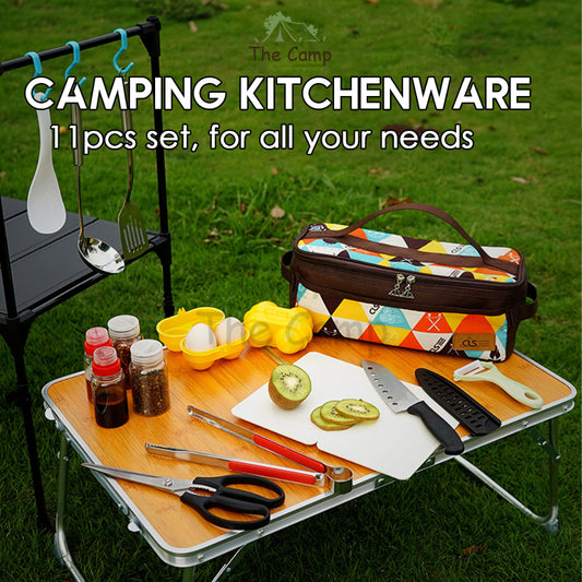 CLS 11PCS Kitchenware Cooking Set for Outdoor Camping Condiment Kitchen Tool Cookware Egg Case Knife Chopping Board