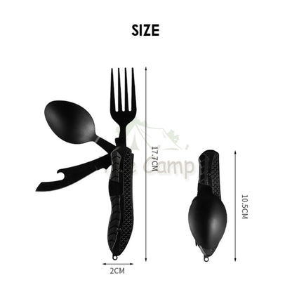 Foldable 3 in 1 Cutlery Set Stainless Steel Outdoor Camping Spoon Fork Knife Tableware Kitchenware Bottle Opener Black