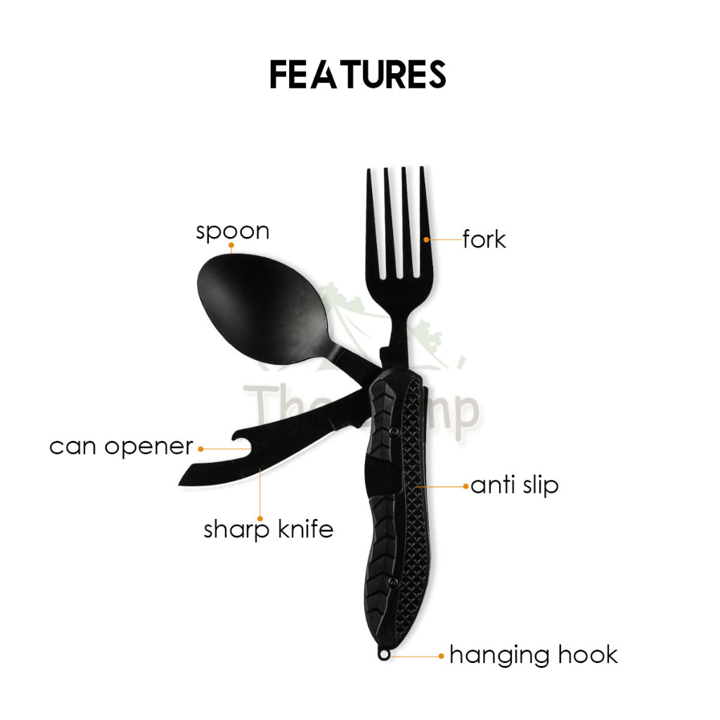 Foldable 3 in 1 Cutlery Set Stainless Steel Outdoor Camping Spoon Fork Knife Tableware Kitchenware Bottle Opener Black