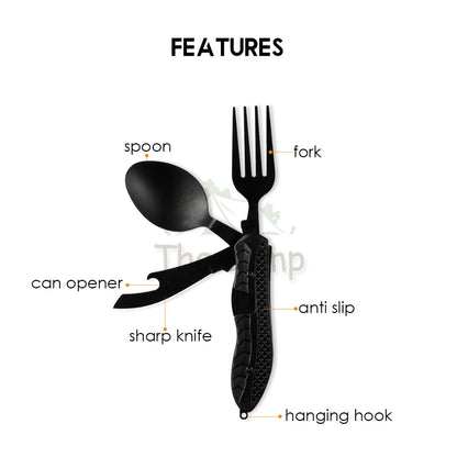 Foldable 3 in 1 Cutlery Set Stainless Steel Outdoor Camping Spoon Fork Knife Tableware Kitchenware Bottle Opener Black