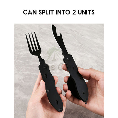 Foldable 3 in 1 Cutlery Set Stainless Steel Outdoor Camping Spoon Fork Knife Tableware Kitchenware Bottle Opener Black