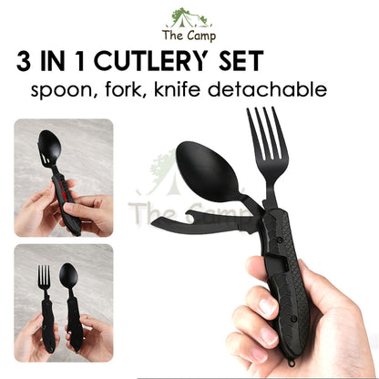Foldable 3 in 1 Cutlery Set Stainless Steel Outdoor Camping Spoon Fork Knife Tableware Kitchenware Bottle Opener Black