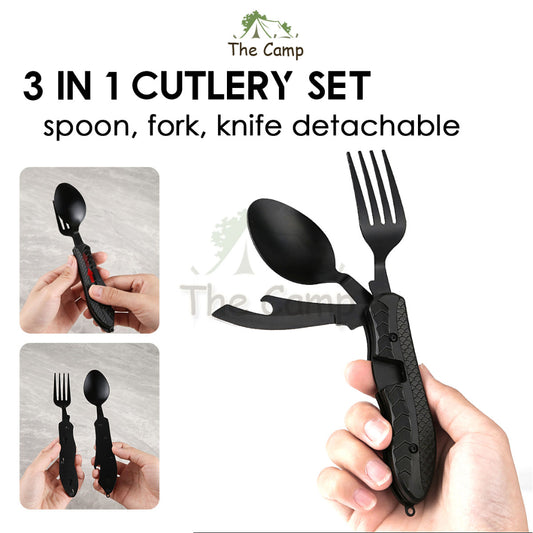 Foldable 3 in 1 Cutlery Set Stainless Steel Outdoor Camping Spoon Fork Knife Tableware Kitchenware Bottle Opener Black