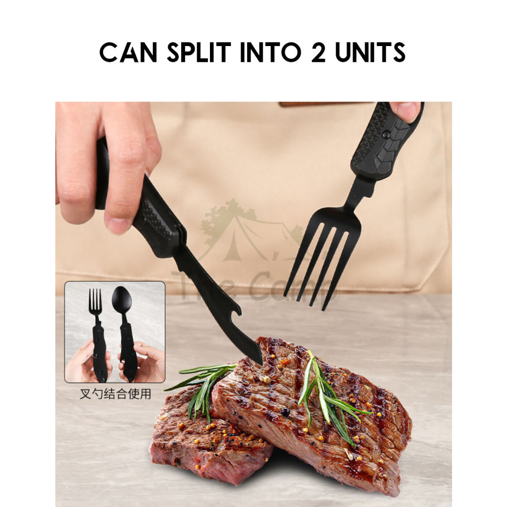 Foldable 3 in 1 Cutlery Set Stainless Steel Outdoor Camping Spoon Fork Knife Tableware Kitchenware Bottle Opener Black