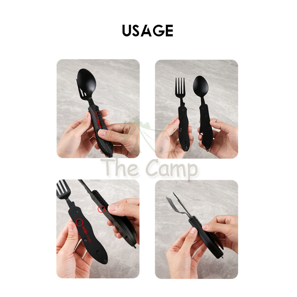 Foldable 3 in 1 Cutlery Set Stainless Steel Outdoor Camping Spoon Fork Knife Tableware Kitchenware Bottle Opener Black