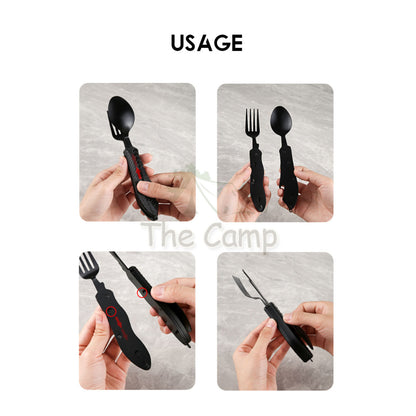 Foldable 3 in 1 Cutlery Set Stainless Steel Outdoor Camping Spoon Fork Knife Tableware Kitchenware Bottle Opener Black