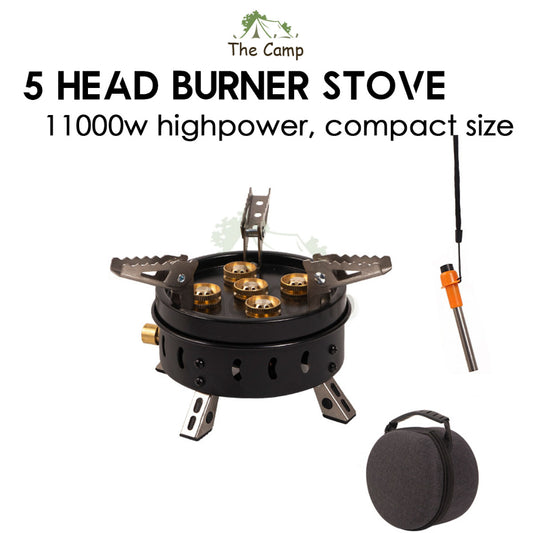5 Head Burner Gas Stove Stainless Steel 11000W 11KW Portable Outdoor Camping Folding Burner Cooking Pan BBQ Grill