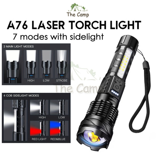 A76 White Laser Torch Light Zoomable with Side LED Lamp Tactical Camping Outdoor Lantern High Brightness Warning Strobe