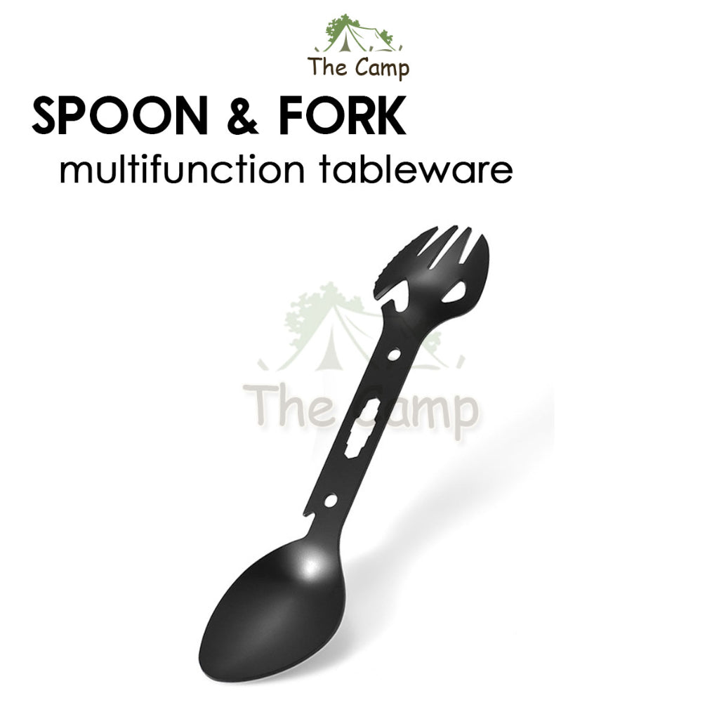 All In 1 Fork and Spoon Utensil Kit Camping Picnic Hiking Wrench Knife Extended Fork Can Bottle Opener BBQ Utensils