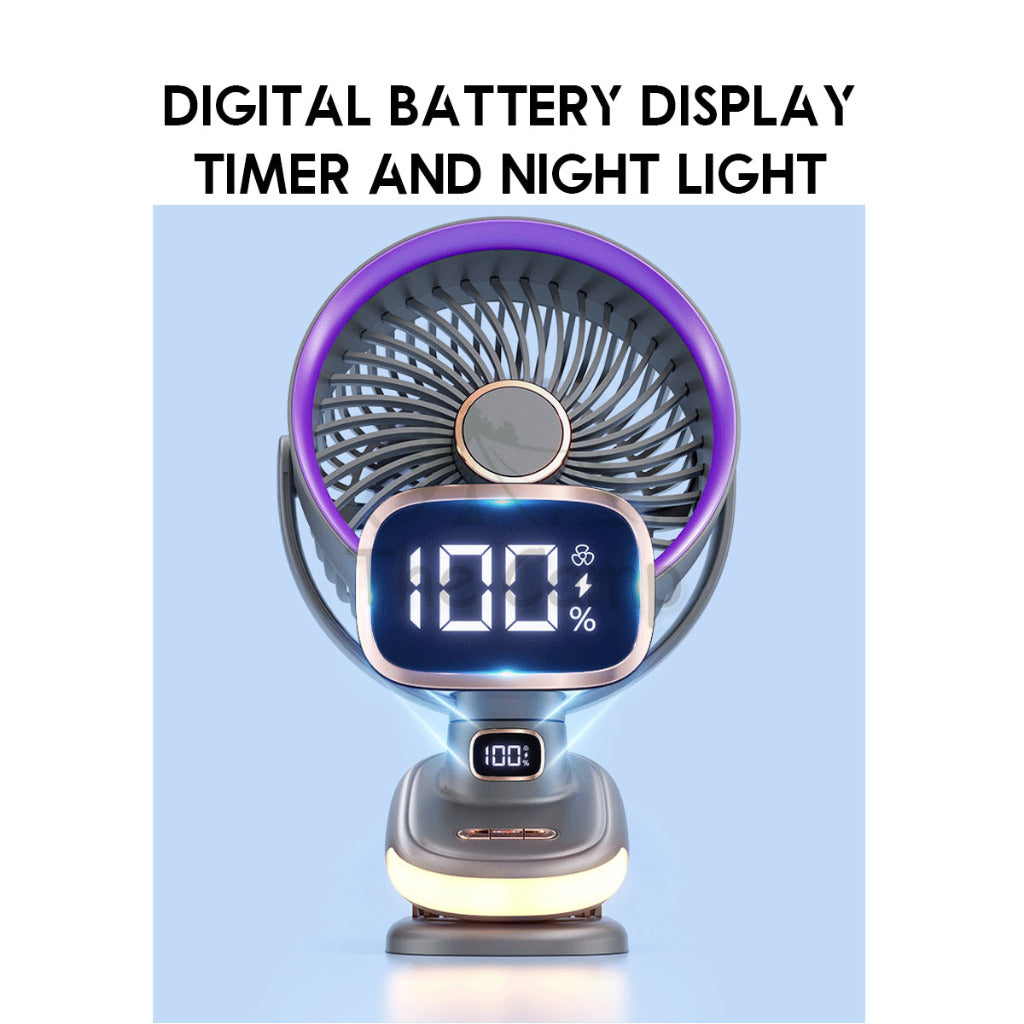 S6 Auto Oscillating Fan Clip Type 5 Speed Control with Digital Battery Timer Display Night Light Outdoor Camping