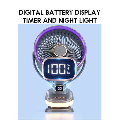 S6 Auto Oscillating Fan Clip Type 5 Speed Control with Digital Battery Timer Display Night Light Outdoor Camping