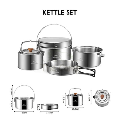 Naturehike 3 in 1 Cookware Set Cooking Set Pot Set Kettle Pan Pot Camping Outdoor Picnic Stainless Steel NH22CJ005