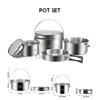 Naturehike 3 in 1 Cookware Set Cooking Set Pot Set Kettle Pan Pot Camping Outdoor Picnic Stainless Steel NH22CJ005