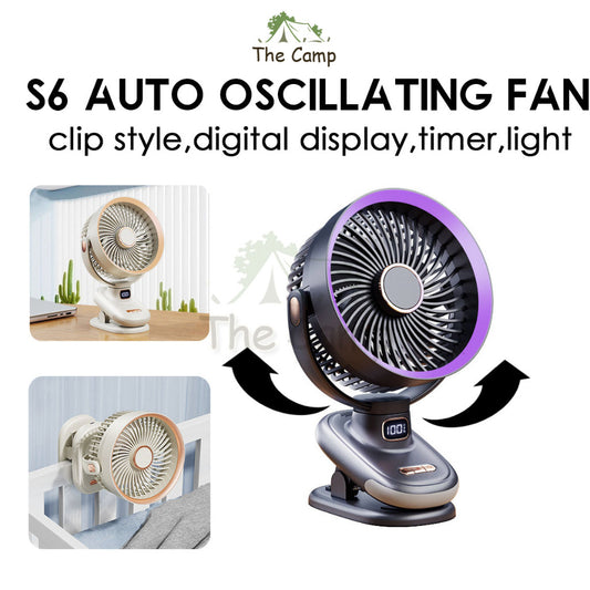 S6 Auto Oscillating Fan Clip Type 5 Speed Control with Digital Battery Timer Display Night Light Outdoor Camping