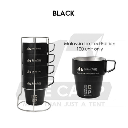Shinetrip Portable 4PCS Stainless Steel Cup Set 300ml with Holder Rack Camping Cookware Picnic Table Peg Flysheet Black