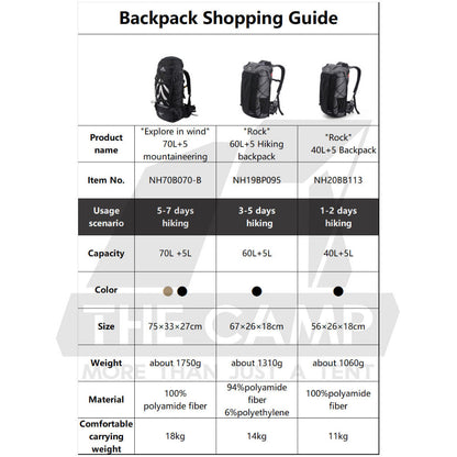Naturehike Hiking Backpack Bag 40L+5L 60L+5L 70L+5L Climbing Waterproof with Rain Cover NH70B070-B NH19BP095 NH20BB113
