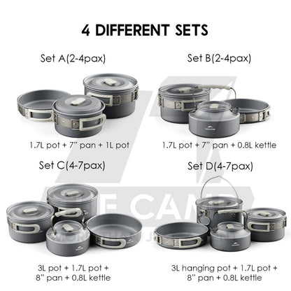 Naturehike Aluminium Cookware Set Cooking Set Pot Set Kettle Pan Pot Camping Outdoor Picnic CNK2450CF010