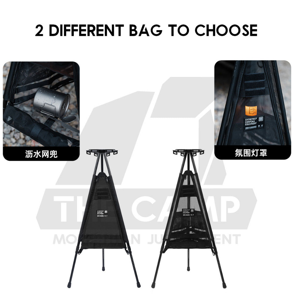 Shinetrip Triangle Stand Side Coffee Table Rack with Bag Mesh Adjustable Height Lamp Pole Outdoor Camping