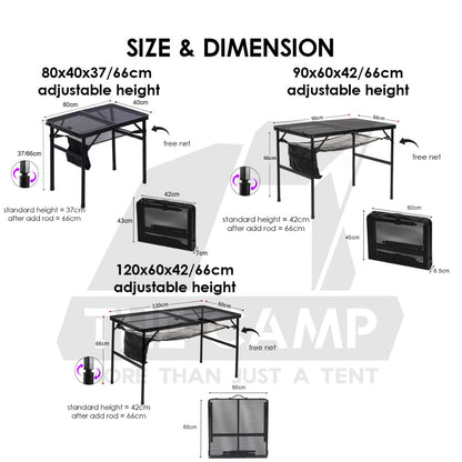 Outdoor Camping Aluminium Mesh Table Foldable Suitcase Size Portable Lightweight Black Iron Mesh Rack