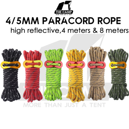Camping 4mm / 5mm Super Reflecitive 4meter or 8meter Paracord Rope Pulley Adjuster Flysheet Tarp Tent Camp Hiking Pole