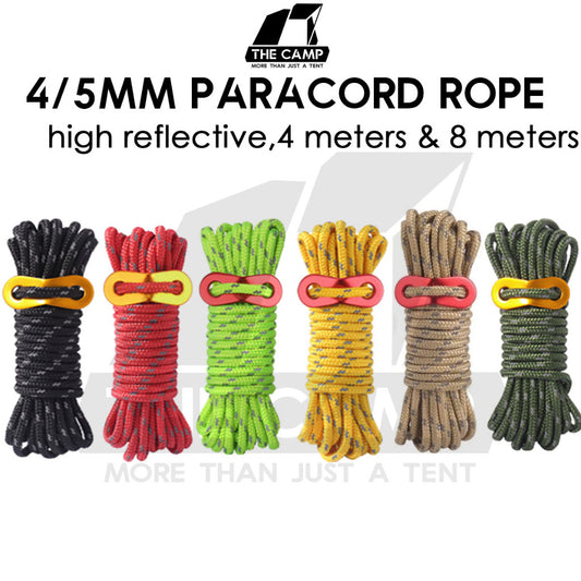 Camping 4mm / 5mm Super Reflecitive 4meter or 8meter Paracord Rope Pulley Adjuster Flysheet Tarp Tent Camp Hiking Pole