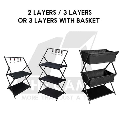 Camping Foldable Rack Basket 2 Layer 3 Layers Shelf Aluminum + Cloth Outdoor Hanger Tripod Stand Tableware Rak Lipat