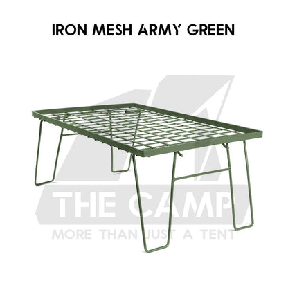Iron Steel Mesh Camping Rack Table Foldable Portable Stacking Storage Rack Bamboo Wood Top Picnic Outdoor