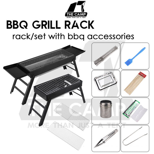 Portable Foldable BBQ Rack Grill Outdoor Camping Charcoal BBQ Stand Black Accessories Brush Skewer Seasoning Bottle