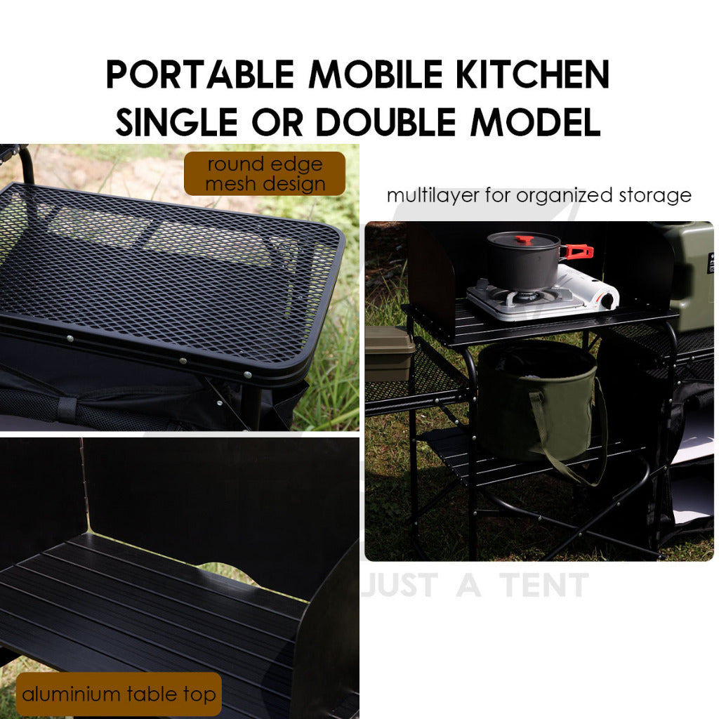 Outdoor Camping Mobile Kitchen Table Portable Folding Kitchen Black Cookware Windshield Mesh Bag Dapur Single/Double