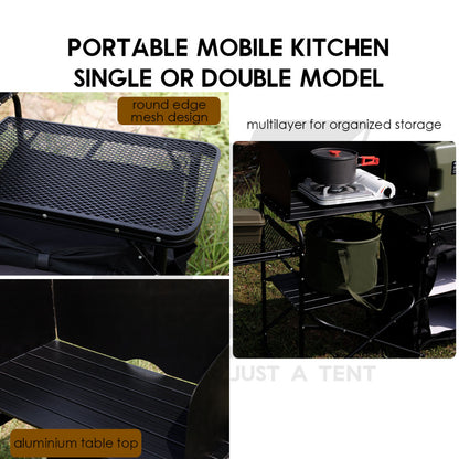 Outdoor Camping Mobile Kitchen Table Portable Folding Kitchen Black Cookware Windshield Mesh Bag Dapur Single/Double