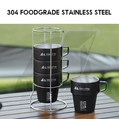 Shinetrip Portable 4PCS Stainless Steel Cup Set 300ml with Holder Rack Camping Cookware Picnic Table Peg Flysheet Black