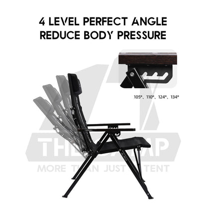 Shinetrip Recliner Chair with Oak Wood Arm Rest 4 Level Reclining Outdoor Camping Beach Picnic High Back Black