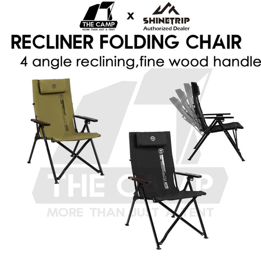 Shinetrip Recliner Chair with Oak Wood Arm Rest 4 Level Reclining Outdoor Camping Beach Picnic High Back Black