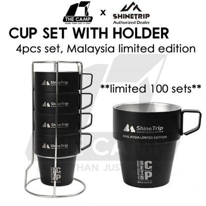 Shinetrip Portable 4PCS Stainless Steel Cup Set 300ml with Holder Rack Camping Cookware Picnic Table Peg Flysheet Black