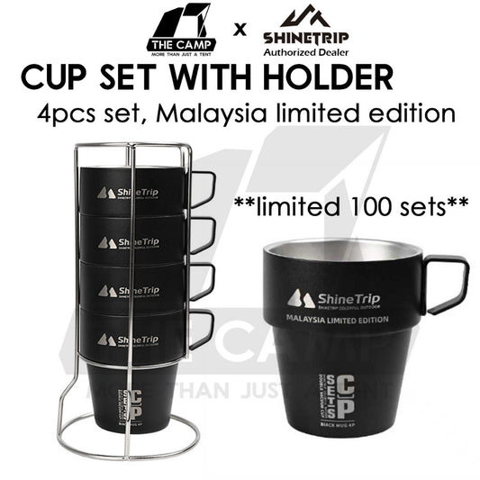 Shinetrip Portable 4PCS Stainless Steel Cup Set 300ml with Holder Rack Camping Cookware Picnic Table Peg Flysheet Black