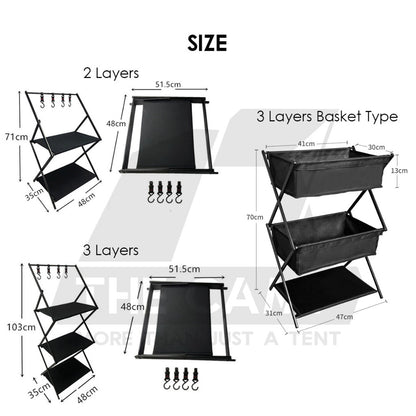 Camping Foldable Rack Basket 2 Layer 3 Layers Shelf Aluminum + Cloth Outdoor Hanger Tripod Stand Tableware Rak Lipat