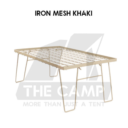 Iron Steel Mesh Camping Rack Table Foldable Portable Stacking Storage Rack Bamboo Wood Top Picnic Outdoor