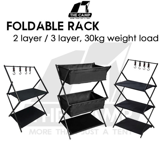 Camping Foldable Rack Basket 2 Layer 3 Layers Shelf Aluminum + Cloth Outdoor Hanger Tripod Stand Tableware Rak Lipat