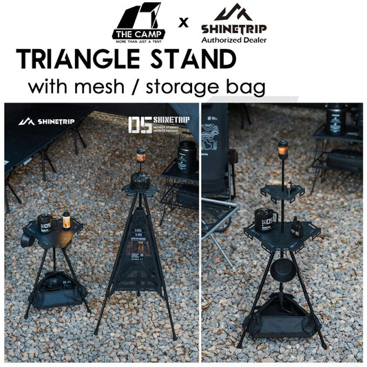 Shinetrip Triangle Stand Side Coffee Table Rack with Bag Mesh Adjustable Height Lamp Pole Outdoor Camping